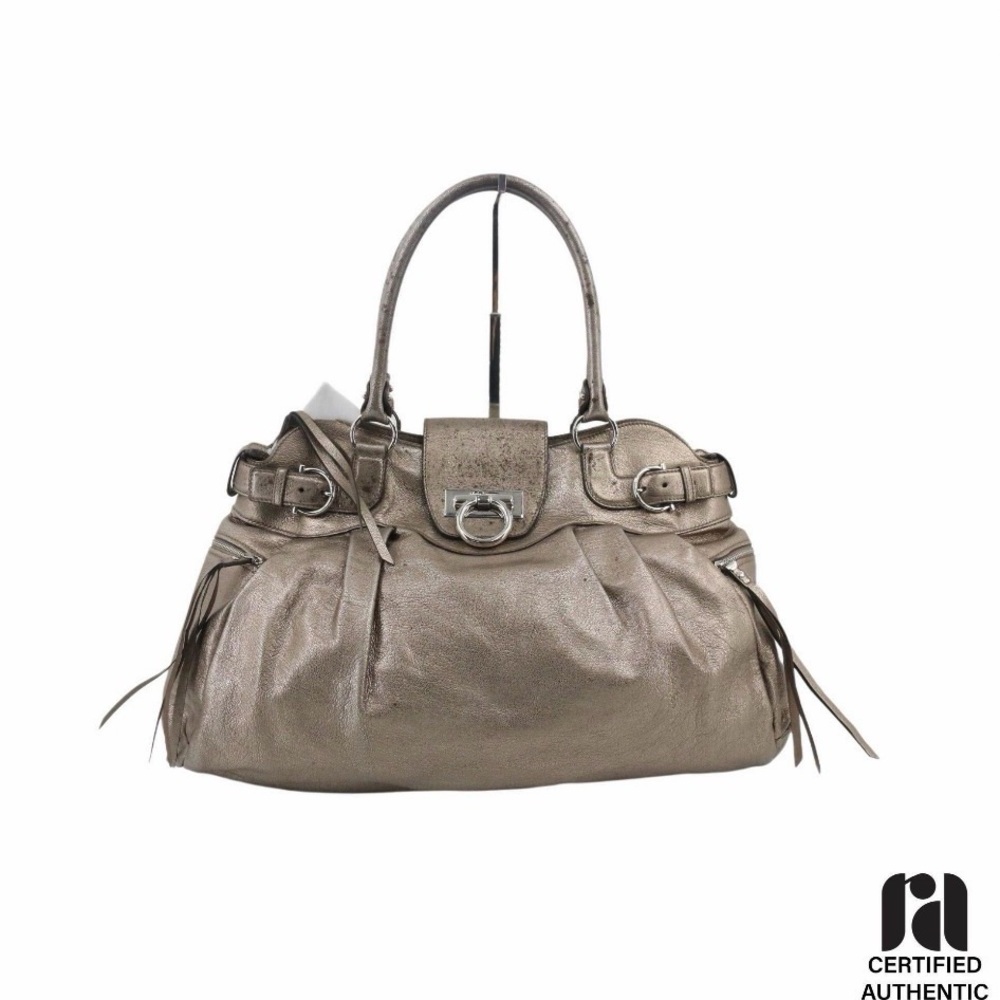 Salvatore Ferragamo Pewter Gancini Leather Satchel AS IS Project Bag w/COA
